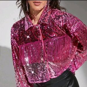 Turndown Collar Sequin Fringe Jacket Top